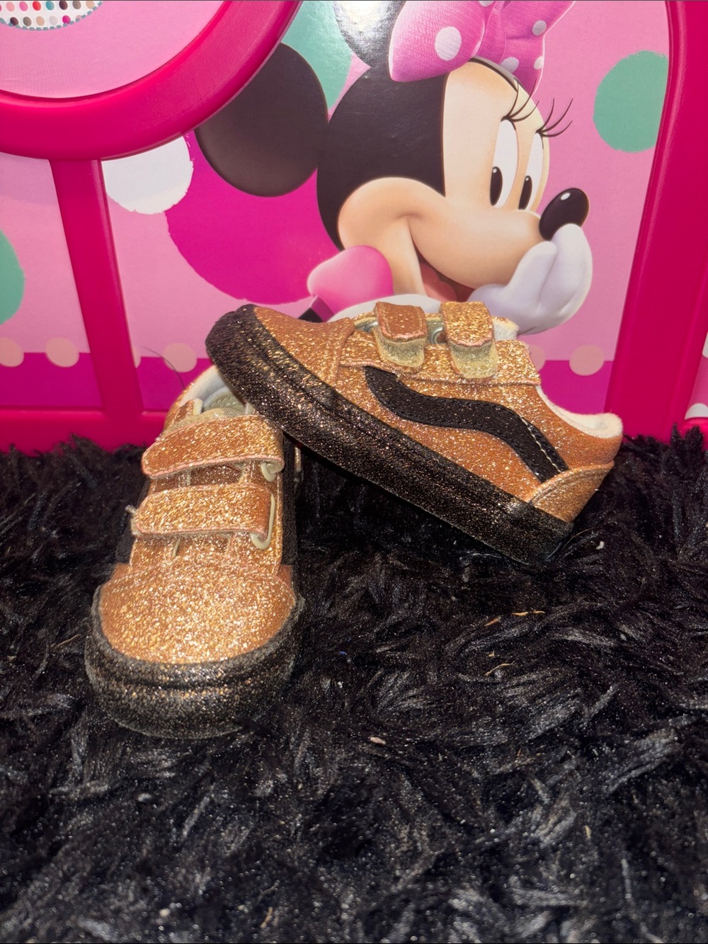 Kids Glitter Velcro Vans - Rose Gold